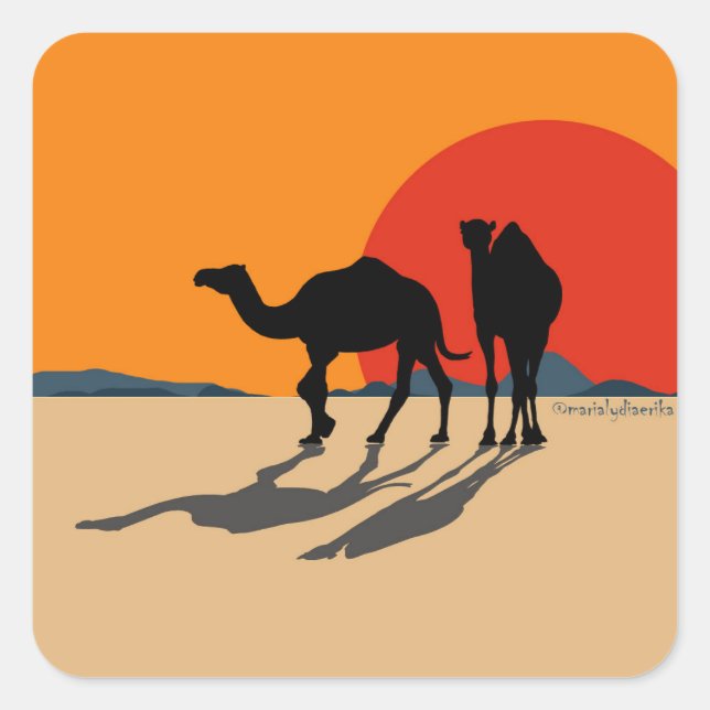 Sticker: Design "Kamele & Sonnenuntergang" Quadratischer Aufkleber (Vorderseite)