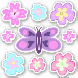 Sticker Dessin à la main Fleurs de dessin coloré et papill