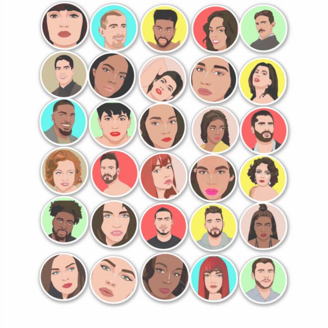 Sticker dessins animés visages races mixtes collage d'art (Devant)