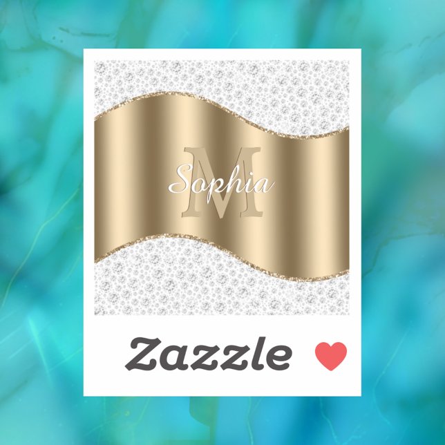 Sticker Diamants de glam, Monogramme d'or, Nom du script (Créateur téléchargé)