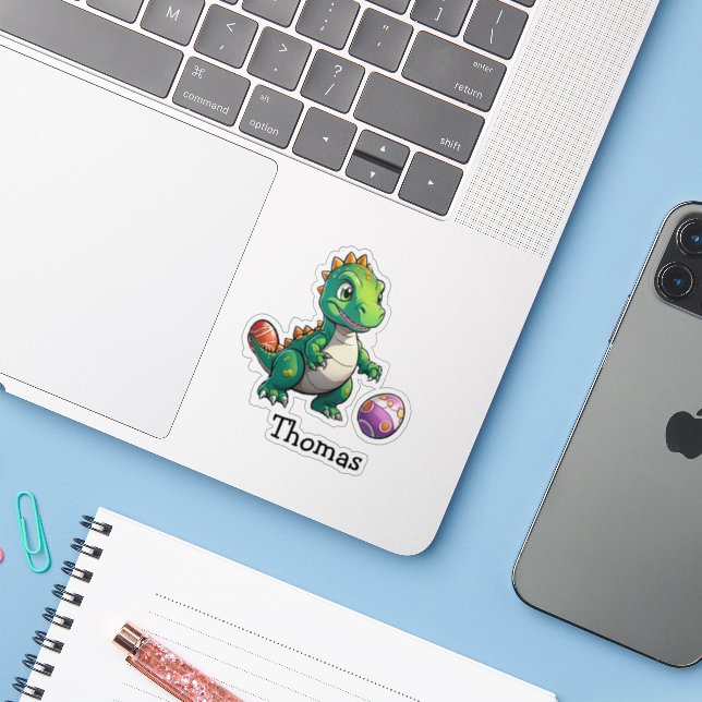 Sticker Dinosaure vert mignon avec oeufs de Pâques (Ordinateur portable avec iPhone)