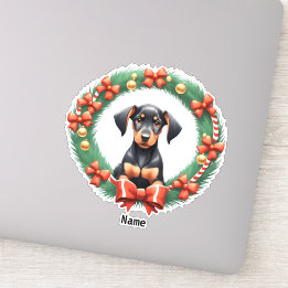 Sticker Doberman Puppy de Noël adorable dans une couronne 