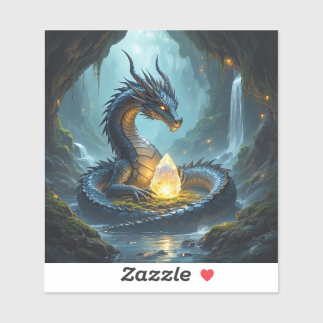 Sticker Dragon gardant son diamant dans une grotte sombre (Feuille)