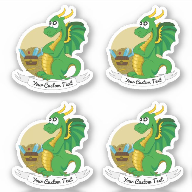 Sticker Dragon vert de dessin animé avec trésor et texte (Devant)