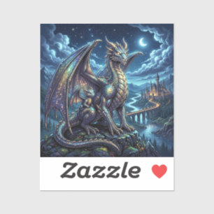Sticker Dragons célestes éclairés par la lune et château
