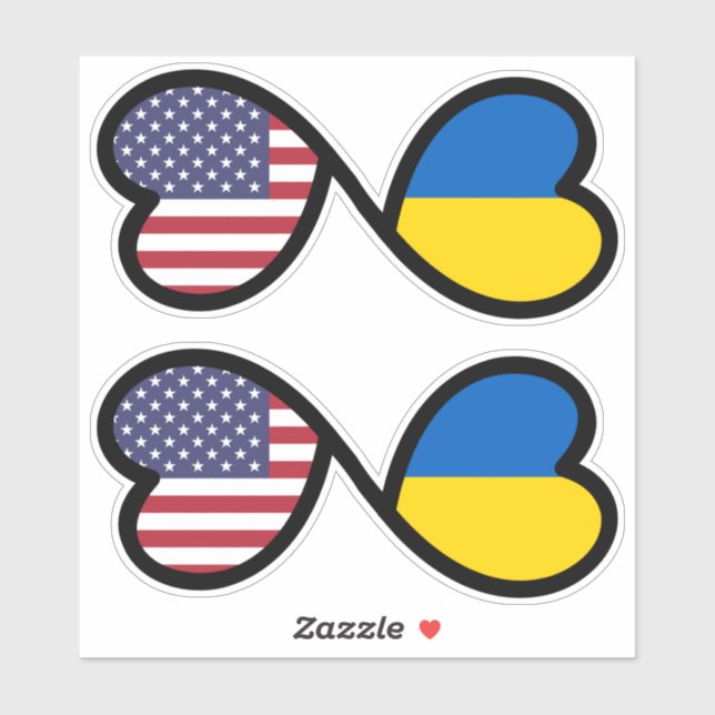 Sticker Drapeaux ukrainiens américains Coeurs enmêlés, Ukr (Feuille)