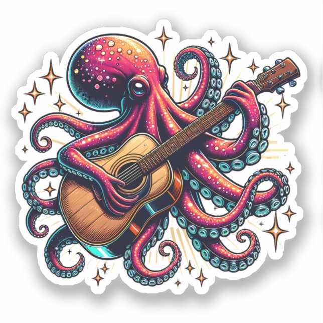 Sticker Drôle Cartoon Octopus Jouer de la guitare (Recto)