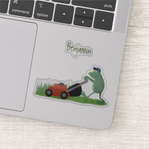 Sticker Drôle grenouille verte tondre la pelouse dessin