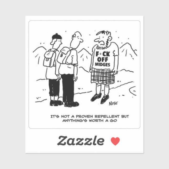 Sticker Drôle Scotsman et Midges Cartoon. (Feuille)