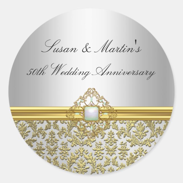 Sticker du 50e anniversaire du Mariage Gold Damask (Devant)