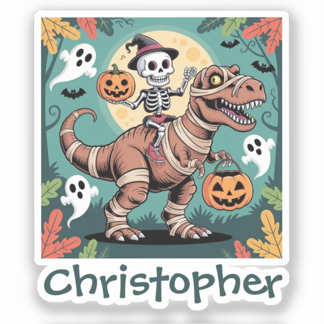 Sticker Éffrayant Dino Rider - Squelette sur Mummy T-Rex (Recto)