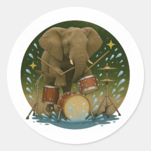 Sticker: Elefant spielt Trommeln in einer Wasserrö Runder Aufkleber