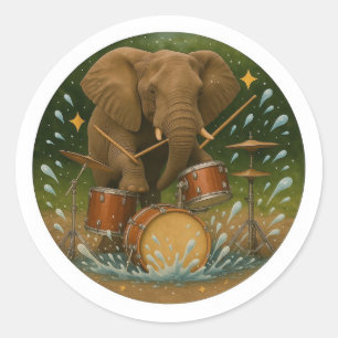 Sticker: Elefant spielt Trommeln in einer Wasserrö Runder Aufkleber