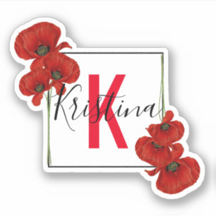 Sticker Élégant cadre Carré de pavots rouges Monogrammé