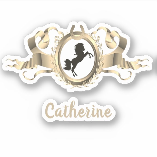 Sticker Élégant cheval d'or Ribbon Nom de la crête (Devant)