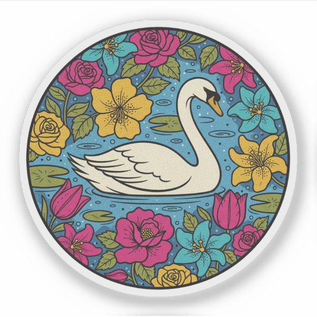 Sticker Elégant cygne en étang floral - Art naturel coloré (Devant)