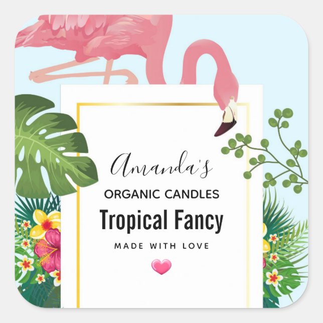 Sticker élégant Flamant rose rose et Carré tropica (Devant)