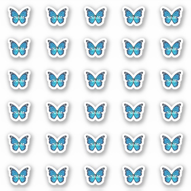 Sticker Élégant Monarque Bleu Papillon Monogramme Initiale (Devant)