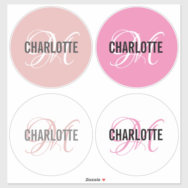 Sticker Élégant nom de monogramme rose ronde (Feuille)