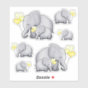 Sticker Eléphants Bébé mignons avec Ballons Coeur Jaune