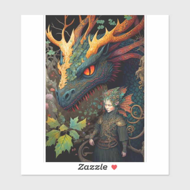 Sticker Elf Et Dragon Imaginaire Art (Feuille)