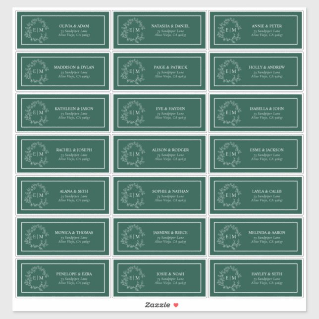 Sticker Emerald Geen Leafy Crest Monogram Adresse d'invité (Feuille)