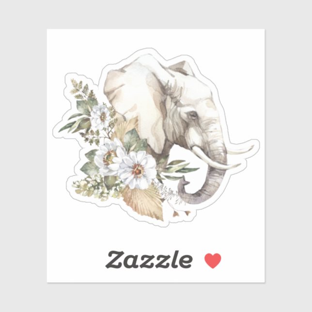 Sticker en Aquarelle Elephant Head & White Flowers (Feuille)