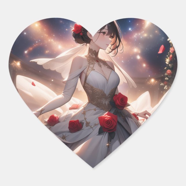 Sticker en forme de coeur, mariée et Rose rouge (Devant)