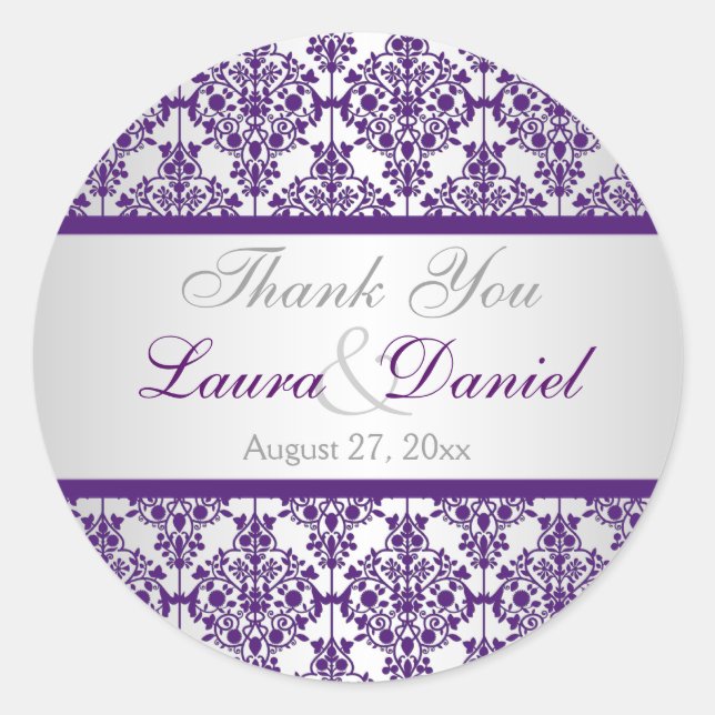 Sticker en Merci argenté et violet Damask 1,5 po (Devant)