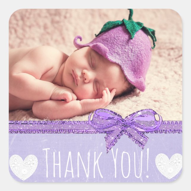 Sticker en Merci violet avec la photo de votre béb (Devant)