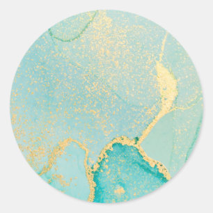 Sticker en or turquoise à aquarelle classique rond