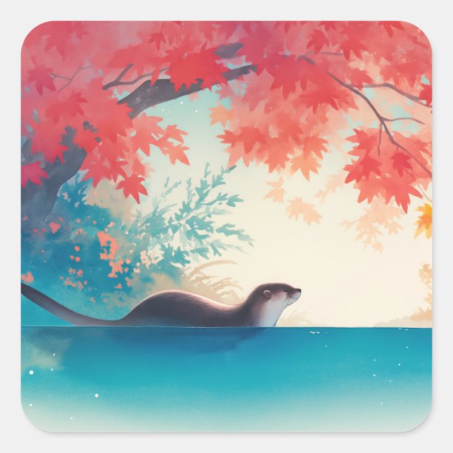 Sticker en Otter avec feuilles d'automne (Devant)