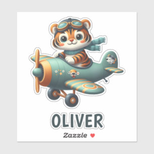 Sticker Enfant Tigre Mignon Faisant Voler un Avion Personn