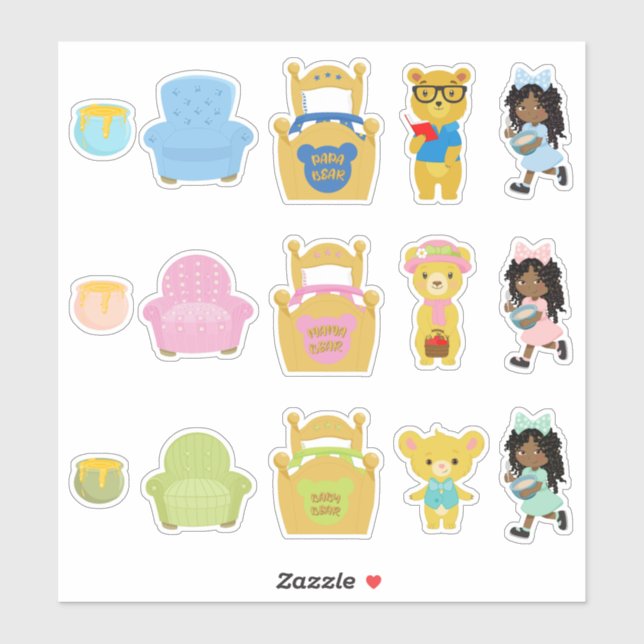 Sticker Enfants African American Goldilocks & the Three Be (Feuille)