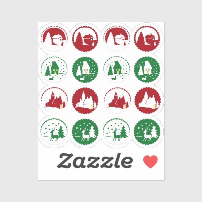 Sticker Ensemble de 16 scènes hivernales de Noël vert-roug (Feuille)