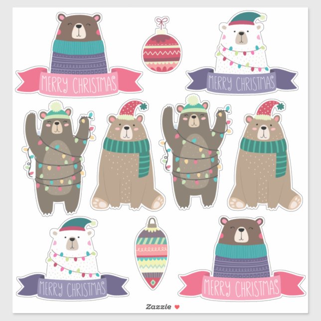 Sticker Ensemble d'ours de Noël mixtes super mignon (Feuille)