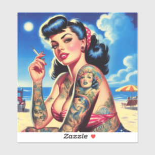 Sticker Épinglette d'été rétro tatouée Bikini