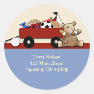 Sticker Étiquette de adresse Teddy Bear Red Wagon
