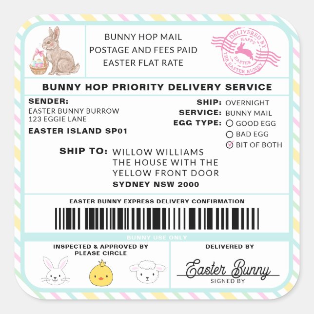 Sticker Étiquette de livraison de Bunny de Pâques (Devant)