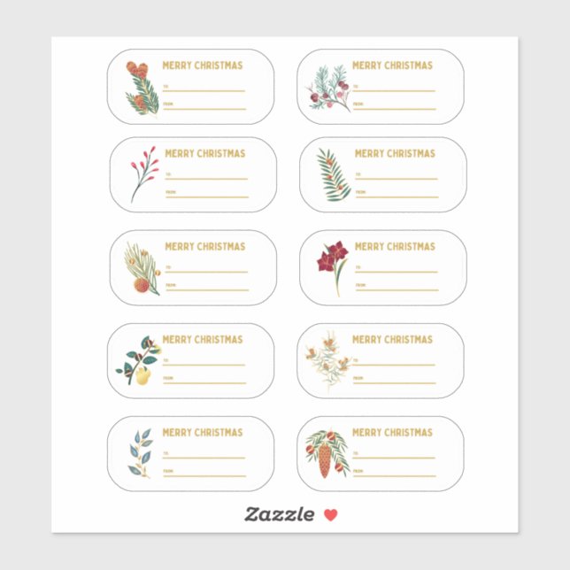 Sticker Étiquette de Noël Floral & Gold 10 pc (Feuille)