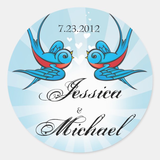 Sticker Étiquette Mariage Date Oiseaux et poutres  (Devant)
