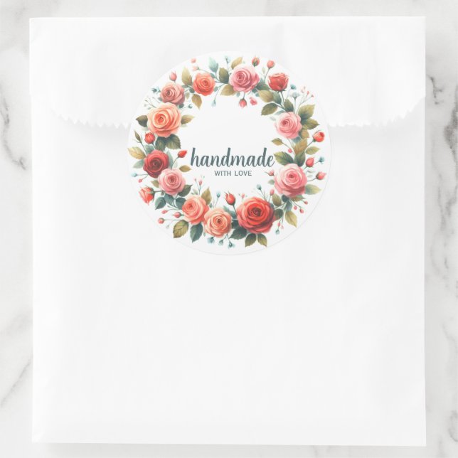 Sticker Étiquette produit rond Roses couronne fait (Sac)