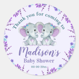 Sticker Étiquette Twin Girl Elephant Baby shower