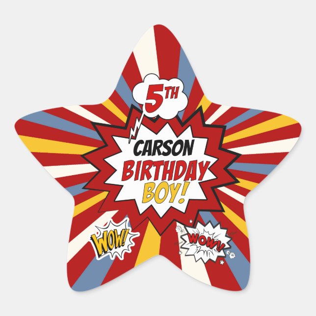 Sticker Étoile 5e anniversaire Boy Superhero Comic avec nom (Devant)