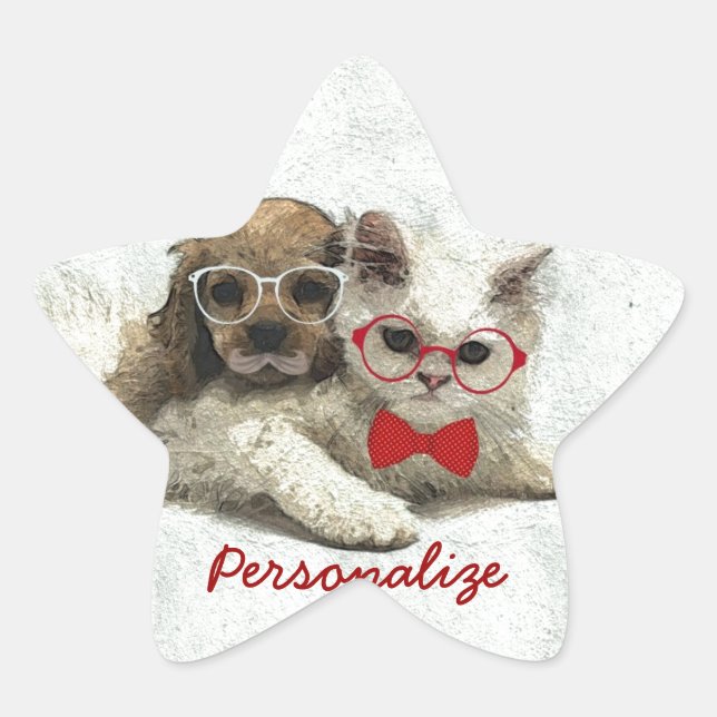 Sticker Étoile adorable joli chiot branché et chaton (Devant)