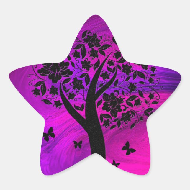 Sticker Étoile Arbre Silhouette et papillons Art Abstrait (Devant)