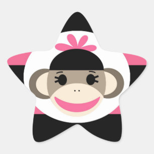 Sticker Étoile Bébé mignon fille Sock Singe noir rose rayures