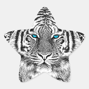 Sticker Étoile Black and White Blue Eyes sauvage Tiger visage