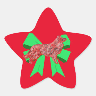 Sticker Étoile Bordure Collie Chien rouge et Bow vert Noël