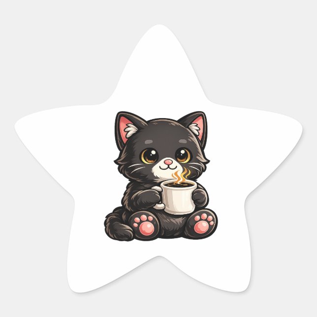 Sticker Étoile Cute Black Cat with Coffee (Devant)